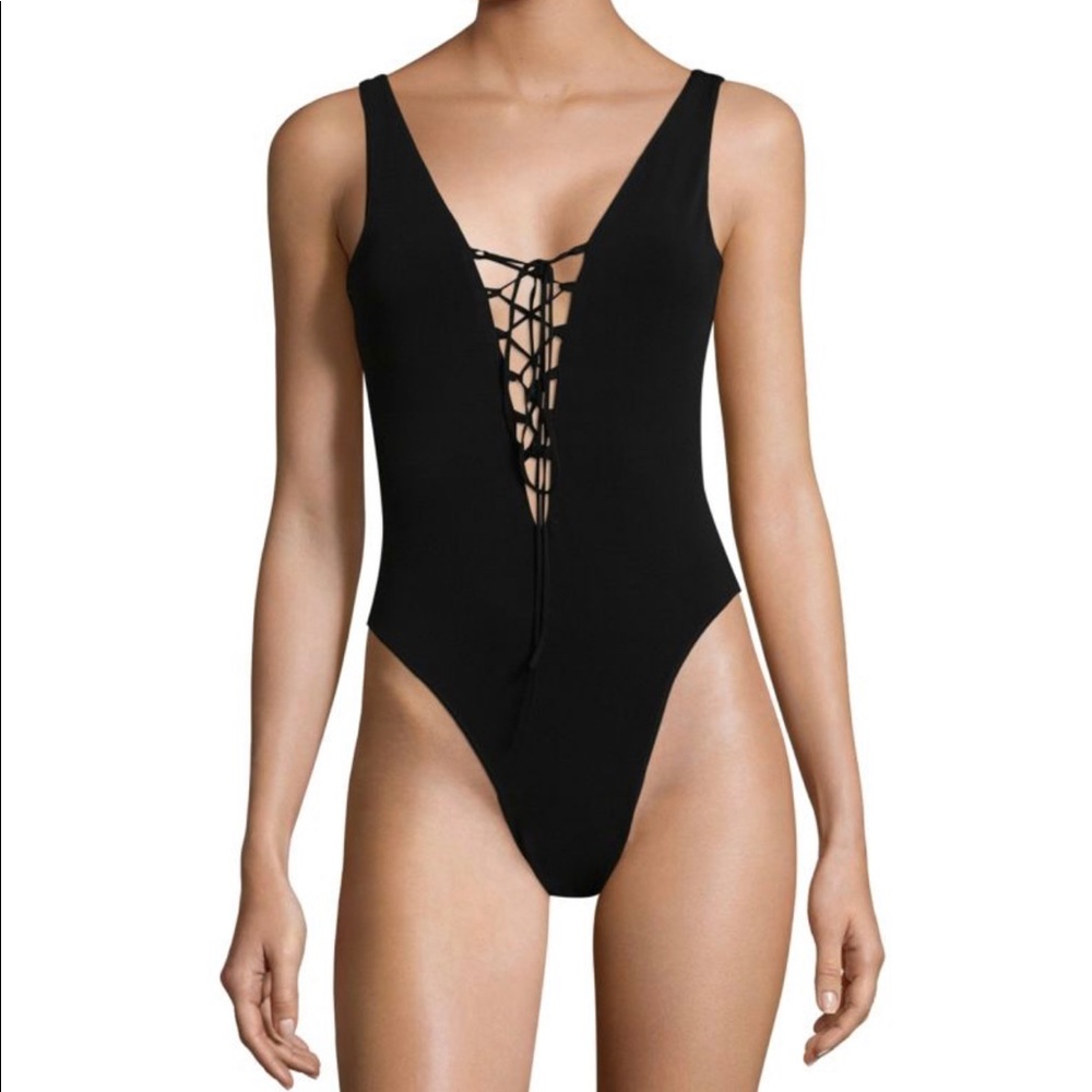 BCBGMAXAZRIA Lace-Up Bodysuit Black